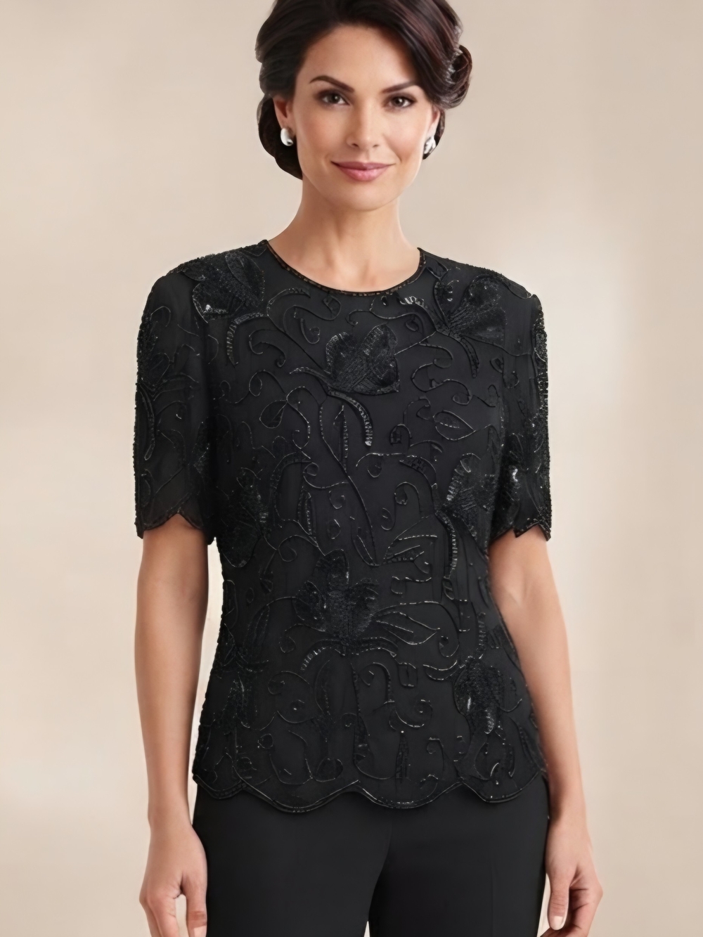 Stenay Black Beaded Embroidered Short-Sleeve Top